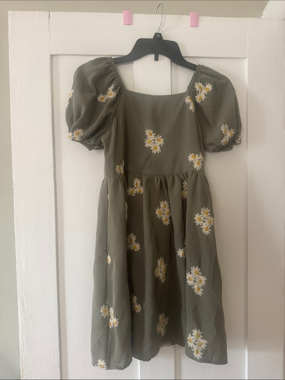 Girls Olive Green Puff-Sleeve Floral Dress